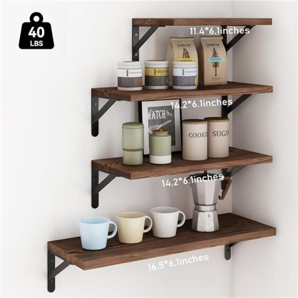 Floating Shelves for Wall, Different Sizes Dark Carbonized Pine Wall Shelves - Picture 3 of 8